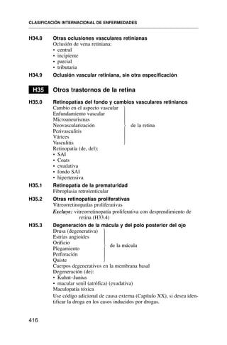 H34.8 Otras oclusiones vasculares retinianas
Oclusión de vena retiniana:
• central
• incipiente
• parcial
• tributaria
H34.9 Oclusión vascular retiniana, sin otra especificación
H35 Otros trastornos de la retina
H35.0 Retinopatías del fondo y cambios vasculares retinianos
Cambio en el aspecto vascular
Enfundamiento vascular
Microaneurismas
Neovascularización de la retina
Perivasculitis
Várices
Vasculitis
Retinopatía (de, del):
• SAI
• Coats
• exudativa
• fondo SAI
• hipertensiva
H35.1 Retinopatía de la prematuridad
Fibroplasia retrolenticular
H35.2 Otras retinopatías proliferativas
Vitreorretinopatías proliferativas
Excluye: vitreorretinopatía proliferativa con desprendimiento de
retina (H33.4)
H35.3 Degeneración de la mácula y del polo posterior del ojo
Drusa (degenerativa)
Estrías angioides
Orificio
Plegamiento
de la mácula
Perforación
Quiste
Cuerpos degenerativos en la membrana basal
Degeneración (de):
• Kuhnt–Junius
• macular senil (atrófica) (exudativa)
Maculopatía tóxica
Use código adicional de causa externa (Capítulo XX), si desea iden-
tificar la droga en los casos inducidos por drogas.
CLASIFICACIÓN INTERNACIONAL DE ENFERMEDADES
416
⎫
⎪
⎪
⎪
⎬
⎪
⎪
⎪
⎭
⎫
⎪
⎪
⎪
⎬
⎪
⎪
⎪
⎭
 