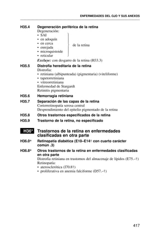H35.4 Degeneración periférica de la retina
Degeneración:
• SAI
• en adoquín
• en cerca de la retina
• enrejada
• microquistoide
• reticular
Excluye: con desgarro de la retina (H33.3)
H35.5 Distrofia hereditaria de la retina
Distrofia:
• retiniana (albipunteada) (pigmentaria) (viteliforme)
• tapetorretiniana
• vitreorretiniana
Enfermedad de Stargardt
Retinitis pigmentaria
H35.6 Hemorragia retiniana
H35.7 Separación de las capas de la retina
Coriorretinopatía serosa central
Desprendimiento del epitelio pigmentado de la retina
H35.8 Otros trastornos especificados de la retina
H35.9 Trastorno de la retina, no especificado
H36* Trastornos de la retina en enfermedades
clasificadas en otra parte
H36.0* Retinopatía diabética (E10–E14† con cuarto carácter
común .3)
H36.8* Otros trastornos de la retina en enfermedades clasificadas
en otra parte
Distrofia retiniana en trastornos del almacenaje de lípidos (E75.–†)
Retinopatía:
• aterosclerótica (I70.8†)
• proliferativa en anemia falciforme (D57.–†)
ENFERMEDADES DEL OJO Y SUS ANEXOS
417
⎫
⎪
⎪
⎪
⎬
⎪
⎪
⎪
⎭
 