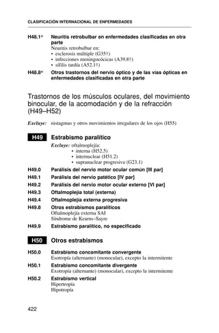 H48.1* Neuritis retrobulbar en enfermedades clasificadas en otra
parte
Neuritis retrobulbar en:
• esclerosis múltiple (G35†)
• infecciones meningocócicas (A39.8†)
• sífilis tardía (A52.1†)
H48.8* Otros trastornos del nervio óptico y de las vías ópticas en
enfermedades clasificadas en otra parte
Trastornos de los músculos oculares, del movimiento
binocular, de la acomodación y de la refracción
(H49–H52)
Excluye: nistagmus y otros movimientos irregulares de los ojos (H55)
H49 Estrabismo paralítico
Excluye: oftalmoplejía:
• interna (H52.5)
• internuclear (H51.2)
• supranuclear progresiva (G23.1)
H49.0 Parálisis del nervio motor ocular común [III par]
H49.1 Parálisis del nervio patético [IV par]
H49.2 Parálisis del nervio motor ocular externo [VI par]
H49.3 Oftalmoplejía total (externa)
H49.4 Oftalmoplejía externa progresiva
H49.8 Otros estrabismos paralíticos
Oftalmoplejía externa SAI
Síndrome de Kearns–Sayre
H49.9 Estrabismo paralítico, no especificado
H50 Otros estrabismos
H50.0 Estrabismo concomitante convergente
Esotropía (alternante) (monocular), excepto la intermitente
H50.1 Estrabismo concomitante divergente
Exotropía (alternante) (monocular), excepto la intermitente
H50.2 Estrabismo vertical
Hipertropía
Hipotropía
CLASIFICACIÓN INTERNACIONAL DE ENFERMEDADES
422
 