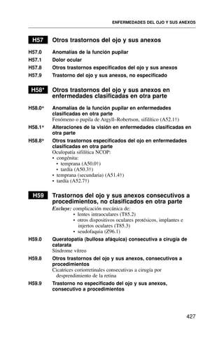 H57 Otros trastornos del ojo y sus anexos
H57.0 Anomalías de la función pupilar
H57.1 Dolor ocular
H57.8 Otros trastornos especificados del ojo y sus anexos
H57.9 Trastorno del ojo y sus anexos, no especificado
H58* Otros trastornos del ojo y sus anexos en
enfermedades clasificadas en otra parte
H58.0* Anomalías de la función pupilar en enfermedades
clasificadas en otra parte
Fenómeno o pupila de Argyll–Robertson, sifilítico (A52.1†)
H58.1* Alteraciones de la visión en enfermedades clasificadas en
otra parte
H58.8* Otros trastornos especificados del ojo en enfermedades
clasificadas en otra parte
Oculopatía sifilítica NCOP:
• congénita:
• temprana (A50.0†)
• tardía (A50.3†)
• temprana (secundaria) (A51.4†)
• tardía (A52.7†)
H59 Trastornos del ojo y sus anexos consecutivos a
procedimientos, no clasificados en otra parte
Excluye: complicación mecánica de:
• lentes intraoculares (T85.2)
• otros dispositivos oculares protésicos, implantes e
injertos oculares (T85.3)
• seudofaquia (Z96.1)
H59.0 Queratopatía (bullosa afáquica) consecutiva a cirugía de
catarata
Síndrome vítreo
H59.8 Otros trastornos del ojo y sus anexos, consecutivos a
procedimientos
Cicatrices coriorretinales consecutivas a cirugía por
desprendimiento de la retina
H59.9 Trastorno no especificado del ojo y sus anexos,
consecutivo a procedimientos
ENFERMEDADES DEL OJO Y SUS ANEXOS
427
 