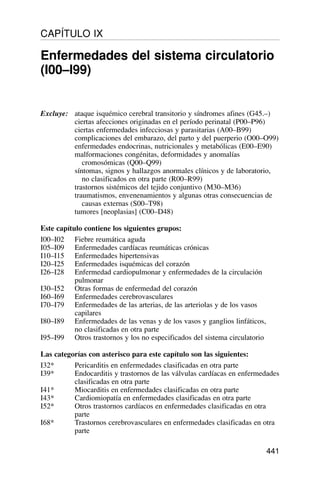 Excluye: ataque isquémico cerebral transitorio y síndromes afines (G45.–)
ciertas afecciones originadas en el período perinatal (P00–P96)
ciertas enfermedades infecciosas y parasitarias (A00–B99)
complicaciones del embarazo, del parto y del puerperio (O00–O99)
enfermedades endocrinas, nutricionales y metabólicas (E00–E90)
malformaciones congénitas, deformidades y anomalías
cromosómicas (Q00–Q99)
síntomas, signos y hallazgos anormales clínicos y de laboratorio,
no clasificados en otra parte (R00–R99)
trastornos sistémicos del tejido conjuntivo (M30–M36)
traumatismos, envenenamientos y algunas otras consecuencias de
causas externas (S00–T98)
tumores [neoplasias] (C00–D48)
Este capítulo contiene los siguientes grupos:
I00–I02 Fiebre reumática aguda
I05–I09 Enfermedades cardíacas reumáticas crónicas
I10–I15 Enfermedades hipertensivas
I20–I25 Enfermedades isquémicas del corazón
I26–I28 Enfermedad cardiopulmonar y enfermedades de la circulación
pulmonar
I30–I52 Otras formas de enfermedad del corazón
I60–I69 Enfermedades cerebrovasculares
I70–I79 Enfermedades de las arterias, de las arteriolas y de los vasos
capilares
I80–I89 Enfermedades de las venas y de los vasos y ganglios linfáticos,
no clasificadas en otra parte
I95–I99 Otros trastornos y los no especificados del sistema circulatorio
Las categorías con asterisco para este capítulo son las siguientes:
I32* Pericarditis en enfermedades clasificadas en otra parte
I39* Endocarditis y trastornos de las válvulas cardíacas en enfermedades
clasificadas en otra parte
I41* Miocarditis en enfermedades clasificadas en otra parte
I43* Cardiomiopatía en enfermedades clasificadas en otra parte
I52* Otros trastornos cardíacos en enfermedades clasificadas en otra
parte
I68* Trastornos cerebrovasculares en enfermedades clasificadas en otra
parte
441
CAPÍTULO IX
Enfermedades del sistema circulatorio
(I00–I99)
 