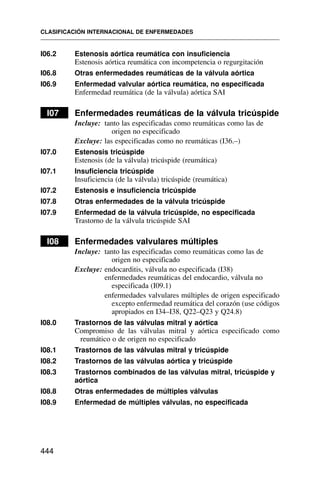 I06.2 Estenosis aórtica reumática con insuficiencia
Estenosis aórtica reumática con incompetencia o regurgitación
I06.8 Otras enfermedades reumáticas de la válvula aórtica
I06.9 Enfermedad valvular aórtica reumática, no especificada
Enfermedad reumática (de la válvula) aórtica SAI
I07 Enfermedades reumáticas de la válvula tricúspide
Incluye: tanto las especificadas como reumáticas como las de
origen no especificado
Excluye: las especificadas como no reumáticas (I36.–)
I07.0 Estenosis tricúspide
Estenosis (de la válvula) tricúspide (reumática)
I07.1 Insuficiencia tricúspide
Insuficiencia (de la válvula) tricúspide (reumática)
I07.2 Estenosis e insuficiencia tricúspide
I07.8 Otras enfermedades de la válvula tricúspide
I07.9 Enfermedad de la válvula tricúspide, no especificada
Trastorno de la válvula tricúspide SAI
I08 Enfermedades valvulares múltiples
Incluye: tanto las especificadas como reumáticas como las de
origen no especificado
Excluye: endocarditis, válvula no especificada (I38)
enfermedades reumáticas del endocardio, válvula no
especificada (I09.1)
enfermedades valvulares múltiples de origen especificado
excepto enfermedad reumática del corazón (use códigos
apropiados en I34–I38, Q22–Q23 y Q24.8)
I08.0 Trastornos de las válvulas mitral y aórtica
Compromiso de las válvulas mitral y aórtica especificado como
reumático o de origen no especificado
I08.1 Trastornos de las válvulas mitral y tricúspide
I08.2 Trastornos de las válvulas aórtica y tricúspide
I08.3 Trastornos combinados de las válvulas mitral, tricúspide y
aórtica
I08.8 Otras enfermedades de múltiples válvulas
I08.9 Enfermedad de múltiples válvulas, no especificada
CLASIFICACIÓN INTERNACIONAL DE ENFERMEDADES
444
 