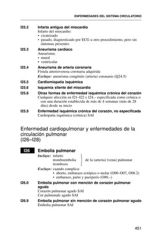 I25.2 Infarto antiguo del miocardio
Infarto del miocardio:
• cicatrizado
• pasado, diagnosticado por ECG u otro procedimiento, pero sin
síntomas presentes
I25.3 Aneurisma cardíaco
Aneurisma:
• mural
• ventricular
I25.4 Aneurisma de arteria coronaria
Fístula arteriovenosa coronaria adquirida
Excluye: aneurisma congénito (arteria) coronario (Q24.5)
I25.5 Cardiomiopatía isquémica
I25.6 Isquemia silente del miocardio
I25.8 Otras formas de enfermedad isquémica crónica del corazón
Cualquier afección en I21–I22 e I24.– especificada como crónica o
con una duración establecida de más de 4 semanas (más de 28
días) desde su inicio
I25.9 Enfermedad isquémica crónica del corazón, no especificada
Cardiopatía isquémica (crónica) SAI
Enfermedad cardiopulmonar y enfermedades de la
circulación pulmonar
(I26–I28)
I26 Embolia pulmonar
Incluye: infarto
tromboembolia de la (arteria) (vena) pulmonar
trombosis
Excluye: cuando complica:
• aborto, embarazo ectópico o molar (O00–O07, O08.2)
• embarazo, parto y puerperio (O88.–)
I26.0 Embolia pulmonar con mención de corazón pulmonar
agudo
Corazón pulmonar agudo SAI
Cor pulmonale agudo SAI
I26.9 Embolia pulmonar sin mención de corazón pulmonar agudo
Embolia pulmonar SAI
ENFERMEDADES DEL SISTEMA CIRCULATORIO
451
⎫
⎪
⎬
⎪
⎭
 