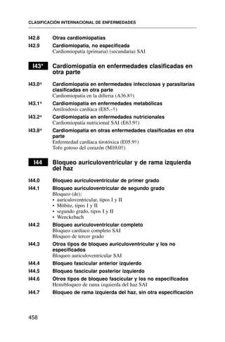 I42.8 Otras cardiomiopatías
I42.9 Cardiomiopatía, no especificada
Cardiomiopatía (primaria) (secundaria) SAI
I43* Cardiomiopatía en enfermedades clasificadas en
otra parte
I43.0* Cardiomiopatía en enfermedades infecciosas y parasitarias
clasificadas en otra parte
Cardiomiopatía en la difteria (A36.8†)
I43.1* Cardiomiopatía en enfermedades metabólicas
Amiloidosis cardíaca (E85.–†)
I43.2* Cardiomiopatía en enfermedades nutricionales
Cardiomiopatía nutricional SAI (E63.9†)
I43.8* Cardiomiopatía en otras enfermedades clasificadas en otra
parte
Enfermedad cardíaca tirotóxica (E05.9†)
Tofo gotoso del corazón (M10.0†)
I44 Bloqueo auriculoventricular y de rama izquierda
del haz
I44.0 Bloqueo auriculoventricular de primer grado
I44.1 Bloqueo auriculoventricular de segundo grado
Bloqueo (de):
• auriculoventricular, tipos I y II
• Möbitz, tipos I y II
• segundo grado, tipos I y II
• Wenckebach
I44.2 Bloqueo auriculoventricular completo
Bloqueo cardíaco completo SAI
Bloqueo de tercer grado
I44.3 Otros tipos de bloqueo auriculoventricular y los no
especificados
Bloqueo auriculoventricular SAI
I44.4 Bloqueo fascicular anterior izquierdo
I44.5 Bloqueo fascicular posterior izquierdo
I44.6 Otros tipos de bloqueo fascicular y los no especificados
Hemibloqueo de rama izquierda del haz SAI
I44.7 Bloqueo de rama izquierda del haz, sin otra especificación
CLASIFICACIÓN INTERNACIONAL DE ENFERMEDADES
458
 