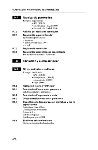 I47 Taquicardia paroxística
Excluye: taquicardia:
• SAI (R00.0)
• seno [sinusal] SAI (R00.0)
• sinoauricular SAI (R00.0)
I47.0 Arritmia por reentrada ventricular
I47.1 Taquicardia supraventricular
Taquicardia paroxística:
• auricular
• auriculoventricular [AV]
• nodal
I47.2 Taquicardia ventricular
I47.9 Taquicardia paroxística, no especificada
Síndrome de Bouveret(–Hoffman)
I48 Fibrilación y aleteo auricular
I49 Otras arritmias cardíacas
Excluye: bradicardia:
• SAI (R00.1)
• seno [sinusal] (R00.1)
• sinoauricular (R00.1)
• vagal (R00.1)
I49.0 Fibrilación y aleteo ventricular
I49.1 Despolarización auricular prematura
Latidos auriculares prematuros
I49.2 Despolarización prematura nodal
I49.3 Despolarización ventricular prematura
I49.4 Otros tipos de despolarización prematura y los no
especificados
Arritmias extrasistólicas
Contracciones prematuras
Extrasístoles
Latidos ectópicos
Latidos prematuros SAI
I49.5 Síndrome del seno enfermo
Síndrome taquicardia-bradicardia
CLASIFICACIÓN INTERNACIONAL DE ENFERMEDADES
460
 