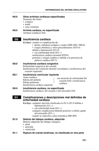 I49.8 Otras arritmias cardíacas especificadas
Trastorno del ritmo:
• ectópico
• nodal
• seno coronario
I49.9 Arritmia cardíaca, no especificada
Arritmia (cardíaca) SAI
I50 Insuficiencia cardíaca
Excluye: cuando es complicación de:
• aborto, embarazo ectópico o molar (O00–O07, O08.8)
• cirugía obstétrica y otros procedimientos (O75.4)
debida a hipertensión (I11.0)
• con enfermedad renal (I13.–)
insuficiencia cardíaca neonatal (P29.0)
posterior a cirugía cardíaca o debida a la presencia de
prótesis cardíaca (I97.1)
I50.0 Insuficiencia cardíaca congestiva
Enfermedad congestiva del corazón
Insuficiencia del ventrículo derecho (secundaria a insuficiencia del
corazón izquierdo)
I50.1 Insuficiencia ventricular izquierda
Asma cardíaca
Edema del pulmón
Edema pulmonar
Insuficiencia cardíaca izquierda
I50.9 Insuficiencia cardíaca, no especificada
Insuficiencia cardíaca, del corazón o del miocardio SAI
I51 Complicaciones y descripciones mal definidas de
enfermedad cardíaca
Excluye: cualquier afección clasificada en I51.4–I51.9 debida a
hipertensión (I11.–)
• con enfermedad renal (I13.–)
cualquier complicacion habitual posterior a infarto agudo
del miocardio (I23.–)
cuando se especifica como reumática (I00–I09)
I51.0 Defecto del tabique cardíaco, adquirido
Defecto adquirido del tabique (antiguo):
• atrial
• auricular
• ventricular
I51.1 Ruptura de cuerda tendinosa, no clasificada en otra parte
ENFERMEDADES DEL SISTEMA CIRCULATORIO
461
con mención de enfermedad del
corazón SAI o insuficiencia
cardíaca
⎫
⎬
⎭
 