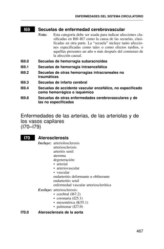 I69 Secuelas de enfermedad cerebrovascular
Nota: Esta categoría debe ser usada para indicar afecciones cla-
sificadas en I60–I67 como la causa de las secuelas, clasi-
ficadas en otra parte. La “secuela” incluye tanto afeccio-
nes especificadas como tales o como efectos tardíos, o
aquéllas presentes un año o más después del comienzo de
la afección causal.
I69.0 Secuelas de hemorragia subaracnoidea
I69.1 Secuelas de hemorragia intraencefálica
I69.2 Secuelas de otras hemorragias intracraneales no
traumáticas
I69.3 Secuelas de infarto cerebral
I69.4 Secuelas de accidente vascular encefálico, no especificado
como hemorrágico o isquémico
I69.8 Secuelas de otras enfermedades cerebrovasculares y de
las no especificadas
Enfermedades de las arterias, de las arteriolas y de
los vasos capilares
(I70–I79)
I70 Aterosclerosis
Incluye: arteriolosclerosis
arteriosclerosis
arteritis senil
ateroma
degeneración:
• arterial
• arteriovascular
• vascular
endarteritis deformante u obliterante
endarteritis senil
enfermedad vascular arteriosclerótica
Excluye: arteriosclerosis:
• cerebral (I67.2)
• coronaria (I25.1)
• mesentérica (K55.1)
• pulmonar (I27.0)
I70.0 Aterosclerosis de la aorta
ENFERMEDADES DEL SISTEMA CIRCULATORIO
467
 