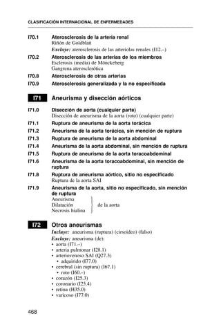 I70.1 Aterosclerosis de la arteria renal
Riñón de Goldblatt
Excluye: aterosclerosis de las arteriolas renales (I12.–)
I70.2 Aterosclerosis de las arterias de los miembros
Esclerosis (media) de Mönckeberg
Gangrena aterosclerótica
I70.8 Aterosclerosis de otras arterias
I70.9 Aterosclerosis generalizada y la no especificada
I71 Aneurisma y disección aórticos
I71.0 Disección de aorta (cualquier parte)
Disección de aneurisma de la aorta (roto) (cualquier parte)
I71.1 Ruptura de aneurisma de la aorta torácica
I71.2 Aneurisma de la aorta torácica, sin mención de ruptura
I71.3 Ruptura de aneurisma de la aorta abdominal
I71.4 Aneurisma de la aorta abdominal, sin mención de ruptura
I71.5 Ruptura de aneurisma de la aorta toracoabdominal
I71.6 Aneurisma de la aorta toracoabdominal, sin mención de
ruptura
I71.8 Ruptura de aneurisma aórtico, sitio no especificado
Ruptura de la aorta SAI
I71.9 Aneurisma de la aorta, sitio no especificado, sin mención
de ruptura
Aneurisma
Dilatación de la aorta
Necrosis hialina
I72 Otros aneurismas
Incluye: aneurisma (ruptura) (cirsoideo) (falso)
Excluye: aneurisma (de):
• aorta (I71.–)
• arteria pulmonar (I28.1)
• arteriovenoso SAI (Q27.3)
• adquirido (I77.0)
• cerebral (sin ruptura) (I67.1)
• roto (I60.–)
• corazón (I25.3)
• coronario (I25.4)
• retina (H35.0)
• varicoso (I77.0)
CLASIFICACIÓN INTERNACIONAL DE ENFERMEDADES
468
⎫
⎪
⎬
⎪
⎭
 