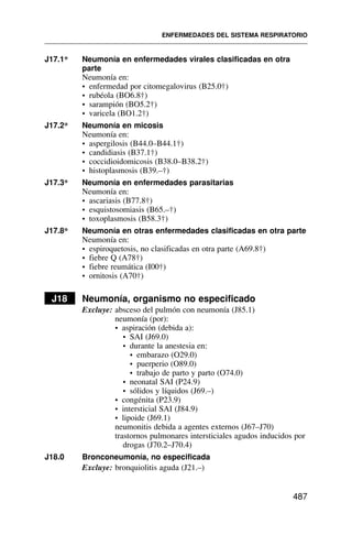 J17.1* Neumonía en enfermedades virales clasificadas en otra
parte
Neumonía en:
• enfermedad por citomegalovirus (B25.0†)
• rubéola (BO6.8†)
• sarampión (BO5.2†)
• varicela (BO1.2†)
J17.2* Neumonía en micosis
Neumonía en:
• aspergilosis (B44.0–B44.1†)
• candidiasis (B37.1†)
• coccidioidomicosis (B38.0–B38.2†)
• histoplasmosis (B39.–†)
J17.3* Neumonía en enfermedades parasitarias
Neumonía en:
• ascariasis (B77.8†)
• esquistosomiasis (B65.–†)
• toxoplasmosis (B58.3†)
J17.8* Neumonía en otras enfermedades clasificadas en otra parte
Neumonía en:
• espiroquetosis, no clasificadas en otra parte (A69.8†)
• fiebre Q (A78†)
• fiebre reumática (I00†)
• ornitosis (A70†)
J18 Neumonía, organismo no especificado
Excluye: absceso del pulmón con neumonía (J85.1)
neumonía (por):
• aspiración (debida a):
• SAI (J69.0)
• durante la anestesia en:
• embarazo (O29.0)
• puerperio (O89.0)
• trabajo de parto y parto (O74.0)
• neonatal SAI (P24.9)
• sólidos y líquidos (J69.–)
• congénita (P23.9)
• intersticial SAI (J84.9)
• lipoide (J69.1)
neumonitis debida a agentes externos (J67–J70)
trastornos pulmonares intersticiales agudos inducidos por
drogas (J70.2–J70.4)
J18.0 Bronconeumonía, no especificada
Excluye: bronquiolitis aguda (J21.–)
ENFERMEDADES DEL SISTEMA RESPIRATORIO
487
 
