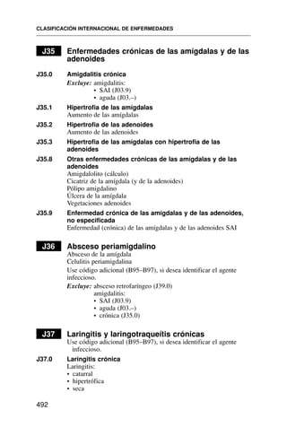 J35 Enfermedades crónicas de las amígdalas y de las
adenoides
J35.0 Amigdalitis crónica
Excluye: amigdalitis:
• SAI (J03.9)
• aguda (J03.–)
J35.1 Hipertrofia de las amígdalas
Aumento de las amígdalas
J35.2 Hipertrofia de las adenoides
Aumento de las adenoides
J35.3 Hipertrofia de las amígdalas con hipertrofia de las
adenoides
J35.8 Otras enfermedades crónicas de las amígdalas y de las
adenoides
Amigdalolito (cálculo)
Cicatriz de la amígdala (y de la adenoides)
Pólipo amigdalino
Úlcera de la amígdala
Vegetaciones adenoides
J35.9 Enfermedad crónica de las amígdalas y de las adenoides,
no especificada
Enfermedad (crónica) de las amígdalas y de las adenoides SAI
J36 Absceso periamigdalino
Absceso de la amígdala
Celulitis periamigdalina
Use código adicional (B95–B97), si desea identificar el agente
infeccioso.
Excluye: absceso retrofaríngeo (J39.0)
amigdalitis:
• SAI (J03.9)
• aguda (J03.–)
• crónica (J35.0)
J37 Laringitis y laringotraqueítis crónicas
Use código adicional (B95–B97), si desea identificar el agente
infeccioso.
J37.0 Laringitis crónica
Laringitis:
• catarral
• hipertrófica
• seca
CLASIFICACIÓN INTERNACIONAL DE ENFERMEDADES
492
 
