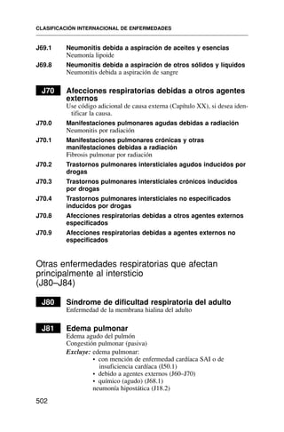 J69.1 Neumonitis debida a aspiración de aceites y esencias
Neumonía lipoide
J69.8 Neumonitis debida a aspiración de otros sólidos y líquidos
Neumonitis debida a aspiración de sangre
J70 Afecciones respiratorias debidas a otros agentes
externos
Use código adicional de causa externa (Capítulo XX), si desea iden-
tificar la causa.
J70.0 Manifestaciones pulmonares agudas debidas a radiación
Neumonitis por radiación
J70.1 Manifestaciones pulmonares crónicas y otras
manifestaciones debidas a radiación
Fibrosis pulmonar por radiación
J70.2 Trastornos pulmonares intersticiales agudos inducidos por
drogas
J70.3 Trastornos pulmonares intersticiales crónicos inducidos
por drogas
J70.4 Trastornos pulmonares intersticiales no especificados
inducidos por drogas
J70.8 Afecciones respiratorias debidas a otros agentes externos
especificados
J70.9 Afecciones respiratorias debidas a agentes externos no
especificados
Otras enfermedades respiratorias que afectan
principalmente al intersticio
(J80–J84)
J80 Síndrome de dificultad respiratoria del adulto
Enfermedad de la membrana hialina del adulto
J81 Edema pulmonar
Edema agudo del pulmón
Congestión pulmonar (pasiva)
Excluye: edema pulmonar:
• con mención de enfermedad cardíaca SAI o de
insuficiencia cardíaca (I50.1)
• debido a agentes externos (J60–J70)
• químico (agudo) (J68.1)
neumonía hipostática (J18.2)
CLASIFICACIÓN INTERNACIONAL DE ENFERMEDADES
502
 