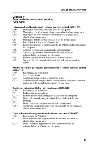 Capítulo VI
Enfermedades del sistema nervioso
(G00–G99)
Enfermedades inflamatorias del sistema nervioso central (G00–G09)
G00 Meningitis bacteriana, no clasificada en otra parte
G01* Meningitis en enfermedades bacterianas clasificadas en otra parte
G02* Meningitis en otras enfermedades infecciosas y parasitarias
clasificadas en otra parte
G03 Meningitis debida a otras causas y a las no especificadas
G04 Encefalitis, mielitis y encefalomielitis
G05* Encefalitis, mielitis y encefalomielitis en enfermedades clasificadas
en otra parte
G06 Absceso y granuloma intracraneal e intrarraquídeo
G07* Absceso y granuloma intracraneal e intrarraquídeo en
enfermedades clasificadas en otra parte
G08 Flebitis y tromboflebitis intracraneal e intrarraquídea
G09 Secuelas de enfermedades inflamatorias del sistema nervioso
central
Atrofias sistémicas que afectan principalmente el sistema nervioso central
(G10–G13)
G10 Enfermedad de Huntington
G11 Ataxia hereditaria
G12 Atrofia muscular espinal y síndromes afines
G13* Atrofias sistémicas que afectan primariamente el sistema nervioso
central en enfermedades clasificadas en otra parte
Trastornos extrapiramidales y del movimiento (G20–G26)
G20 Enfermedad de Parkinson
G21 Parkinsonismo secundario
G22* Parkinsonismo en enfermedades clasificadas en otra parte
G23 Otras enfermedades degenerativas de los núcleos de la base
G24 Distonía
G25 Otros trastornos extrapiramidales y del movimiento
G26* Trastornos extrapiramidales y del movimiento en enfermedades
clasificadas en otra parte
Otras enfermedades degenerativas del sistema nervioso (G30–G32)
G30 Enfermedad de Alzheimer
G31 Otras enfermedades degenerativas del sistema nervioso, no
clasificadas en otra parte
G32* Otros trastornos degenerativos del sistema nervioso en
enfermedades clasificadas en otra parte
LISTA DE TRES CARACTERES
47
 