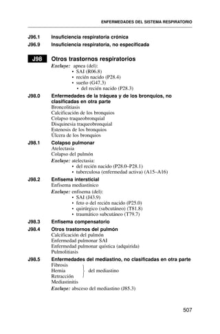 J96.1 Insuficiencia respiratoria crónica
J96.9 Insuficiencia respiratoria, no especificada
J98 Otros trastornos respiratorios
Excluye: apnea (del):
• SAI (R06.8)
• recién nacido (P28.4)
• sueño (G47.3)
• del recién nacido (P28.3)
J98.0 Enfermedades de la tráquea y de los bronquios, no
clasificadas en otra parte
Broncolitiasis
Calcificación de los bronquios
Colapso traqueobronquial
Disquinesia traqueobronquial
Estenosis de los bronquios
Úlcera de los bronquios
J98.1 Colapso pulmonar
Atelectasia
Colapso del pulmón
Excluye: atelectasia:
• del recién nacido (P28.0–P28.1)
• tuberculosa (enfermedad activa) (A15–A16)
J98.2 Enfisema intersticial
Enfisema mediastínico
Excluye: enfisema (del):
• SAI (J43.9)
• feto o del recién nacido (P25.0)
• quirúrgico (subcutáneo) (T81.8)
• traumático subcutáneo (T79.7)
J98.3 Enfisema compensatorio
J98.4 Otros trastornos del pulmón
Calcificación del pulmón
Enfermedad pulmonar SAI
Enfermedad pulmonar quística (adquirida)
Pulmolitiasis
J98.5 Enfermedades del mediastino, no clasificadas en otra parte
Fibrosis
Hernia del mediastino
Retracción
Mediastinitis
Excluye: absceso del mediastino (J85.3)
ENFERMEDADES DEL SISTEMA RESPIRATORIO
507
⎫
⎬
⎭
 