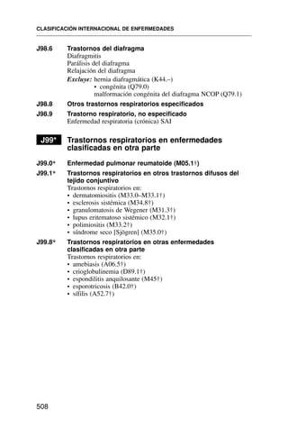 J98.6 Trastornos del diafragma
Diafragmitis
Parálisis del diafragma
Relajación del diafragma
Excluye: hernia diafragmática (K44.–)
• congénita (Q79.0)
malformación congénita del diafragma NCOP (Q79.1)
J98.8 Otros trastornos respiratorios especificados
J98.9 Trastorno respiratorio, no especificado
Enfermedad respiratoria (crónica) SAI
J99* Trastornos respiratorios en enfermedades
clasificadas en otra parte
J99.0* Enfermedad pulmonar reumatoide (M05.1†)
J99.1* Trastornos respiratorios en otros trastornos difusos del
tejido conjuntivo
Trastornos respiratorios en:
• dermatomiositis (M33.0–M33.1†)
• esclerosis sistémica (M34.8†)
• granulomatosis de Wegener (M31.3†)
• lupus eritematoso sistémico (M32.1†)
• polimiositis (M33.2†)
• síndrome seco [Sjögren] (M35.0†)
J99.8* Trastornos respiratorios en otras enfermedades
clasificadas en otra parte
Trastornos respiratorios en:
• amebiasis (A06.5†)
• crioglobulinemia (D89.1†)
• espondilitis anquilosante (M45†)
• esporotricosis (B42.0†)
• sífilis (A52.7†)
CLASIFICACIÓN INTERNACIONAL DE ENFERMEDADES
508
 