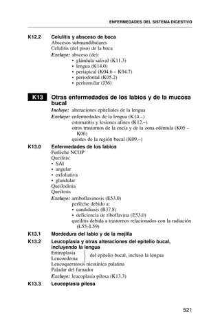 K12.2 Celulitis y absceso de boca
Abscesos submandibulares
Celulitis (del piso) de la boca
Excluye: absceso (de):
• glándula salival (K11.3)
• lengua (K14.0)
• periapical (K04.6 – K04.7)
• periodontal (K05.2)
• peritonsilar (J36)
K13 Otras enfermedades de los labios y de la mucosa
bucal
Incluye: alteraciones epiteliales de la lengua
Excluye: enfermedades de la lengua (K14.–)
estomatitis y lesiones afines (K12.–)
otros trastornos de la encía y de la zona edéntula (K05 –
K06)
quistes de la región bucal (K09.–)
K13.0 Enfermedades de los labios
Perlèche NCOP
Queilitis:
• SAI
• angular
• exfoliativa
• glandular
Queilodinia
Queilosis
Excluye: arriboflavinosis (E53.0)
perlèche debido a:
• candidiasis (B37.8)
• deficiencia de riboflavina (E53.0)
queilitis debida a trastornos relacionados con la radiación
(L55–L59)
K13.1 Mordedura del labio y de la mejilla
K13.2 Leucoplasia y otras alteraciones del epitelio bucal,
incluyendo la lengua
Eritroplasia del epitelio bucal, incluso la lengua
Leucoedema
Leucoqueratosis nicotínica palatina
Paladar del fumador
Excluye: leucoplasia pilosa (K13.3)
K13.3 Leucoplasia pilosa
ENFERMEDADES DEL SISTEMA DIGESTIVO
521
⎫
⎬
⎭
 