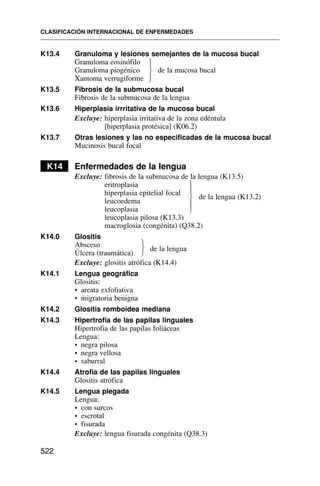 K13.4 Granuloma y lesiones semejantes de la mucosa bucal
Granuloma eosinófilo
Granuloma piogénico de la mucosa bucal
Xantoma verrugiforme
K13.5 Fibrosis de la submucosa bucal
Fibrosis de la submucosa de la lengua
K13.6 Hiperplasia irrritativa de la mucosa bucal
Excluye: hiperplasia irritativa de la zona edéntula
[hiperplasia protésica] (K06.2)
K13.7 Otras lesiones y las no especificadas de la mucosa bucal
Mucinosis bucal focal
K14 Enfermedades de la lengua
Excluye: fibrosis de la submucosa de la lengua (K13.5)
eritroplasia
hiperplasia epitelial focal
de la lengua (K13.2)
leucoedema
leucoplasia
leucoplasia pilosa (K13.3)
macroglosia (congénita) (Q38.2)
K14.0 Glositis
Absceso
Úlcera (traumática)
de la lengua
Excluye: glositis atrófica (K14.4)
K14.1 Lengua geográfica
Glositis:
• areata exfoliativa
• migratoria benigna
K14.2 Glositis romboidea mediana
K14.3 Hipertrofia de las papilas linguales
Hipertrofia de las papilas foliáceas
Lengua:
• negra pilosa
• negra vellosa
• saburral
K14.4 Atrofia de las papilas linguales
Glositis atrófica
K14.5 Lengua plegada
Lengua:
• con surcos
• escrotal
• fisurada
Excluye: lengua fisurada congénita (Q38.3)
CLASIFICACIÓN INTERNACIONAL DE ENFERMEDADES
522
⎫
⎪
⎬
⎪
⎭
⎫
⎪
⎬
⎪
⎭
⎫
⎬
⎭
 