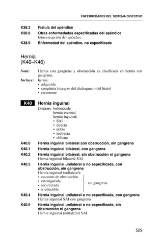 K38.3 Fístula del apéndice
K38.8 Otras enfermedades especificadas del apéndice
Intususcepción del apéndice
K38.9 Enfermedad del apéndice, no especificada
Hernia
(K40–K46)
Nota: Hernia con gangrena y obstrucción es clasificada en hernia con
gangrena.
Incluye: hernia:
• adquirida
• congénita [excepto del diafragma o del hiato]
• recurrente
K40 Hernia inguinal
Incluye: bubonocele
hernia escrotal
hernia inguinal:
• SAI
• directa
• doble
• indirecta
• oblicua
K40.0 Hernia inguinal bilateral con obstrucción, sin gangrena
K40.1 Hernia inguinal bilateral, con gangrena
K40.2 Hernia inguinal bilateral, sin obstrucción ni gangrena
Hernia inguinal bilateral SAI
K40.3 Hernia inguinal unilateral o no especificada, con
obstrucción, sin gangrena
Hernia inguinal (unilateral):
• causante de obstrucción
• estrangulada
• incarcerada
sin gangrena
• irreductible
K40.4 Hernia inguinal unilateral o no especificada, con gangrena
Hernia inguinal SAI con gangrena
K40.9 Hernia inguinal unilateral o no especificada, sin
obstrucción ni gangrena
Hernia inguinal (unilateral) SAI
ENFERMEDADES DEL SISTEMA DIGESTIVO
529
⎫
⎪
⎬
⎪
⎭
 