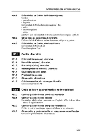 K50.1 Enfermedad de Crohn del intestino grueso
Colitis:
• granulomatosa
• regional
Enfermedad de Crohn [enteritis regional] del:
• colon
• intestino grueso
• recto
Excluye: con enfermedad de Crohn del intestino delgado (K50.8)
K50.8 Otros tipos de enfermedad de Crohn
Enfermedad de Crohn de ambos intestinos, delgado y grueso
K50.9 Enfermedad de Crohn, no especificada
Enfermedad de Crohn SAI
Enteritis regional SAI
K51 Colitis ulcerativa
K51.0 Enterocolitis (crónica) ulcerativa
K51.1 Ileocolitis (crónica) ulcerativa
K51.2 Proctitis (crónica) ulcerativa
K51.3 Rectosigmoiditis (crónica) ulcerativa
K51.4 Seudopoliposis del colon
K51.5 Proctocolitis mucosa
K51.8 Otras colitis ulcerativas
K51.9 Colitis ulcerativa, sin otra especificación
Enteritis ulcerativa SAI
K52 Otras colitis y gastroenteritis no infecciosas
K52.0 Colitis y gastroenteritis debidas a radiación
K52.1 Colitis y gastroenteritis tóxicas
Use código adicional de causa externa (Capítulo XX), si desea iden-
tificar el agente tóxico.
K52.2 Colitis y gastroenteritis alérgicas y dietéticas
Colitis o gastroenteritis por hipersensibilidad a los alimentos
K52.8 Otras colitis y gastroenteritis no infecciosas especificadas
Gastritis o gastroenteritis eosinofílicas
ENFERMEDADES DEL SISTEMA DIGESTIVO
533
 