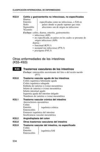 K52.9 Colitis y gastroenteritis no infecciosas, no especificadas
Diarrea
Enteritis
Ileítis
Sigmoiditis
Yeyunitis
Excluye: colitis, diarrea, enteritis, gastroenteritis:
• infecciosa (A09)
• no especificada, en países en los cuales se presume de
origen infeccioso (A09)
diarrea :
• funcional (K59.1)
• neonatal (no infecciosa) (P78.3)
• psicógena (F45.3)
Otras enfermedades de los intestinos
(K55–K63)
K55 Trastornos vasculares de los intestinos
Excluye: enterocolitis necrotizante del feto o del recién nacido
(P77)
K55.0 Trastorno vascular agudo de los intestinos
Colitis isquémica fulminante aguda
Colitis isquémica subaguda
Embolia de (arteria) o (vena) mesentérica
Infarto de (arteria) o (vena) mesentérica
Infarto intestinal agudo
Isquemia aguda del intestino delgado
Trombosis de (arteria) o (vena) mesentérica
K55.1 Trastorno vascular crónico del intestino
Aterosclerosis mesentérica
Colitis
Enteritis
Enterocolitis
Estenosis isquémica del intestino
Insuficiencia vascular mesentérica
K55.2 Angiodisplasia del colon
K55.8 Otros trastornos vasculares del intestino
K55.9 Trastorno vascular del intestino, no especificado
Colitis
Enteritis
Enterocolitis
CLASIFICACIÓN INTERNACIONAL DE ENFERMEDADES
534
especificadas como no infecciosas, o SAI en
países donde se puede suponer que estas
afecciones son de origen no infeccioso
⎫
⎪
⎪
⎬
⎪
⎪
⎭
⎫
⎪
⎬
⎪
⎭
isquémica crónica
⎫
⎪
⎬
⎪
⎭
isquémica SAI
 