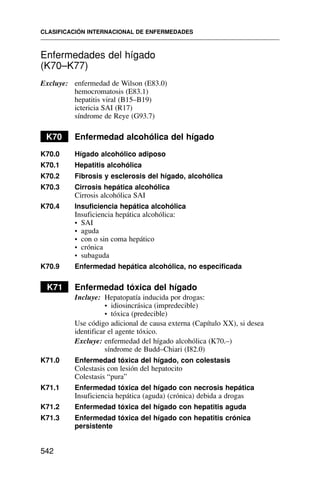 Enfermedades del hígado
(K70–K77)
Excluye: enfermedad de Wilson (E83.0)
hemocromatosis (E83.1)
hepatitis viral (B15–B19)
ictericia SAI (R17)
síndrome de Reye (G93.7)
K70 Enfermedad alcohólica del hígado
K70.0 Hígado alcohólico adiposo
K70.1 Hepatitis alcohólica
K70.2 Fibrosis y esclerosis del hígado, alcohólica
K70.3 Cirrosis hepática alcohólica
Cirrosis alcohólica SAI
K70.4 Insuficiencia hepática alcohólica
Insuficiencia hepática alcohólica:
• SAI
• aguda
• con o sin coma hepático
• crónica
• subaguda
K70.9 Enfermedad hepática alcohólica, no especificada
K71 Enfermedad tóxica del hígado
Incluye: Hepatopatía inducida por drogas:
• idiosincrásica (impredecible)
• tóxica (predecible)
Use código adicional de causa externa (Capítulo XX), si desea
identificar el agente tóxico.
Excluye: enfermedad del hígado alcohólica (K70.–)
síndrome de Budd–Chiari (I82.0)
K71.0 Enfermedad tóxica del hígado, con colestasis
Colestasis con lesión del hepatocito
Colestasis “pura”
K71.1 Enfermedad tóxica del hígado con necrosis hepática
Insuficiencia hepática (aguda) (crónica) debida a drogas
K71.2 Enfermedad tóxica del hígado con hepatitis aguda
K71.3 Enfermedad tóxica del hígado con hepatitis crónica
persistente
CLASIFICACIÓN INTERNACIONAL DE ENFERMEDADES
542
 