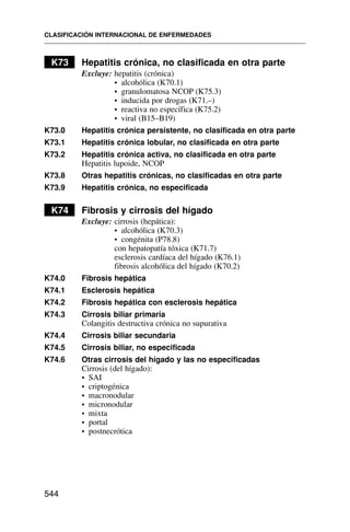 K73 Hepatitis crónica, no clasificada en otra parte
Excluye: hepatitis (crónica)
• alcohólica (K70.1)
• granulomatosa NCOP (K75.3)
• inducida por drogas (K71.–)
• reactiva no específica (K75.2)
• viral (B15–B19)
K73.0 Hepatitis crónica persistente, no clasificada en otra parte
K73.1 Hepatitis crónica lobular, no clasificada en otra parte
K73.2 Hepatitis crónica activa, no clasificada en otra parte
Hepatitis lupoide, NCOP
K73.8 Otras hepatitis crónicas, no clasificadas en otra parte
K73.9 Hepatitis crónica, no especificada
K74 Fibrosis y cirrosis del hígado
Excluye: cirrosis (hepática):
• alcohólica (K70.3)
• congénita (P78.8)
con hepatopatía tóxica (K71.7)
esclerosis cardíaca del hígado (K76.1)
fibrosis alcohólica del hígado (K70.2)
K74.0 Fibrosis hepática
K74.1 Esclerosis hepática
K74.2 Fibrosis hepática con esclerosis hepática
K74.3 Cirrosis biliar primaria
Colangitis destructiva crónica no supurativa
K74.4 Cirrosis biliar secundaria
K74.5 Cirrosis biliar, no especificada
K74.6 Otras cirrosis del hígado y las no especificadas
Cirrosis (del hígado):
• SAI
• criptogénica
• macronodular
• micronodular
• mixta
• portal
• postnecrótica
CLASIFICACIÓN INTERNACIONAL DE ENFERMEDADES
544
 