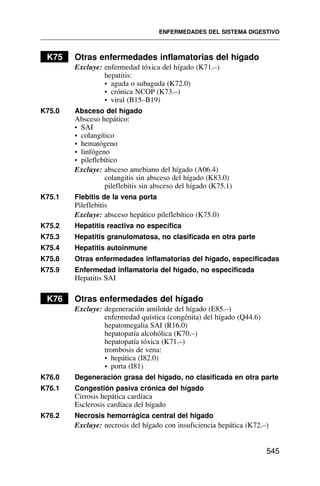 K75 Otras enfermedades inflamatorias del hígado
Excluye: enfermedad tóxica del hígado (K71.–)
hepatitis:
• aguda o subaguda (K72.0)
• crónica NCOP (K73.–)
• viral (B15–B19)
K75.0 Absceso del hígado
Absceso hepático:
• SAI
• colangítico
• hematógeno
• linfógeno
• pileflebítico
Excluye: absceso amebiano del hígado (A06.4)
colangitis sin absceso del hígado (K83.0)
pileflebitis sin absceso del hígado (K75.1)
K75.1 Flebitis de la vena porta
Pileflebitis
Excluye: absceso hepático pileflebítico (K75.0)
K75.2 Hepatitis reactiva no específica
K75.3 Hepatitis granulomatosa, no clasificada en otra parte
K75.4 Hepatitis autoinmune
K75.8 Otras enfermedades inflamatorias del hígado, especificadas
K75.9 Enfermedad inflamatoria del hígado, no especificada
Hepatitis SAI
K76 Otras enfermedades del hígado
Excluye: degeneración amiloide del hígado (E85.–)
enfermedad quística (congénita) del hígado (Q44.6)
hepatomegalia SAI (R16.0)
hepatopatía alcohólica (K70.–)
hepatopatía tóxica (K71.–)
trombosis de vena:
• hepática (I82.0)
• porta (I81)
K76.0 Degeneración grasa del hígado, no clasificada en otra parte
K76.1 Congestión pasiva crónica del hígado
Cirrosis hepática cardíaca
Esclerosis cardíaca del hígado
K76.2 Necrosis hemorrágica central del hígado
Excluye: necrosis del hígado con insuficiencia hepática (K72.–)
ENFERMEDADES DEL SISTEMA DIGESTIVO
545
 