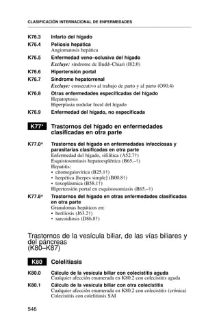 K76.3 Infarto del hígado
K76.4 Peliosis hepática
Angiomatosis hepática
K76.5 Enfermedad veno–oclusiva del hígado
Excluye: síndrome de Budd–Chiari (I82.0)
K76.6 Hipertensión portal
K76.7 Síndrome hepatorrenal
Excluye: consecutivo al trabajo de parto y al parto (O90.4)
K76.8 Otras enfermedades especificadas del hígado
Hepatoptosis
Hiperplasia nodular focal del hígado
K76.9 Enfermedad del hígado, no especificada
K77* Trastornos del hígado en enfermedades
clasificadas en otra parte
K77.0* Trastornos del hígado en enfermedades infecciosas y
parasitarias clasificadas en otra parte
Enfermedad del hígado, sifilítica (A52.7†)
Esquistosomiasis hepatoesplénica (B65.–†)
Hepatitis:
• citomegalovírica (B25.1†)
• herpética [herpes simple] (B00.8†)
• toxoplásmica (B58.1†)
Hipertensión portal en esquistosomiasis (B65.–†)
K77.8* Trastornos del hígado en otras enfermedades clasificadas
en otra parte
Granulomas hepáticos en:
• beriliosis (J63.2†)
• sarcoidiosis (D86.8†)
Trastornos de la vesícula biliar, de las vías biliares y
del páncreas
(K80–K87)
K80 Colelitiasis
K80.0 Cálculo de la vesícula biliar con colecistitis aguda
Cualquier afección enumerada en K80.2 con colecistitis aguda
K80.1 Cálculo de la vesícula biliar con otra colecistitis
Cualquier afección enumerada en K80.2 con colecistitis (crónica)
Colecistitis con colelitiasis SAI
CLASIFICACIÓN INTERNACIONAL DE ENFERMEDADES
546
 