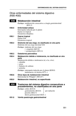 Otras enfermedades del sistema digestivo
(K90–K93)
K90 Malabsorción intestinal
Excluye: malabsorción consecutiva a cirugía gastrointestinal
(K91.2)
K90.0 Enfermedad celíaca
Enteropatía inducida por el gluten
Esprue no tropical
Esteatorrea idiopática
K90.1 Esprue tropical
Esprue SAI
Esteatorrea tropical
K90.2 Síndrome del asa ciega, no clasificado en otra parte
Síndrome del asa ciega intestinal SAI
Excluye: síndrome del asa ciega:
• congénito (Q43.8)
• postquirúrgico (K91.2)
K90.3 Esteatorrea pancreática
K90.4 Malabsorción debida a intolerancia, no clasificada en otra
parte
Malabsorción debida a intolerancia (al, a la, a los):
• almidón
• grasa
• hidratos de carbono
• proteína
Excluye: enteropatía inducida por el gluten (K90.0)
intolerancia a la lactosa (E73.–)
K90.8 Otros tipos de malabsorción intestinal
Enfermedad de Whipple† (M14.8*)
K90.9 Malabsorción intestinal, no especificada
K91 Trastornos del sistema digestivo consecutivos a
procedimientos, no clasificados en otra parte
Excluye: colitis (K52.0)
gastroenteritis (K52.0) por radiación
proctitis (K62.7)
úlcera gastroyeyunal (K28.–)
K91.0 Vómito postcirugía gastrointestinal
ENFERMEDADES DEL SISTEMA DIGESTIVO
551
⎫
⎪
⎬
⎪
⎭
 