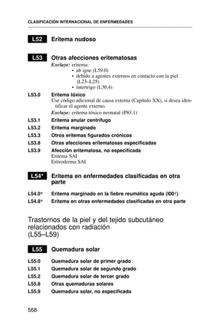 L52 Eritema nudoso
L53 Otras afecciones eritematosas
Excluye: eritema:
• ab igne (L59.0)
• debido a agentes externos en contacto con la piel
(L23–L25)
• intertrigo (L30.4)
L53.0 Eritema tóxico
Use código adicional de causa externa (Capítulo XX), si desea iden-
tificar el agente externo.
Excluye: eritema tóxico neonatal (P83.1)
L53.1 Eritema anular centrífugo
L53.2 Eritema marginado
L53.3 Otros eritemas figurados crónicos
L53.8 Otras afecciones eritematosas especificadas
L53.9 Afección eritematosa, no especificada
Eritema SAI
Eritroderma SAI
L54* Eritema en enfermedades clasificadas en otra
parte
L54.0* Eritema marginado en la fiebre reumática aguda (I00†)
L54.8* Eritema en otras enfermedades clasificadas en otra parte
Trastornos de la piel y del tejido subcutáneo
relacionados con radiación
(L55–L59)
L55 Quemadura solar
L55.0 Quemadura solar de primer grado
L55.1 Quemadura solar de segundo grado
L55.2 Quemadura solar de tercer grado
L55.8 Otras quemaduras solares
L55.9 Quemadura solar, no especificada
CLASIFICACIÓN INTERNACIONAL DE ENFERMEDADES
568
 