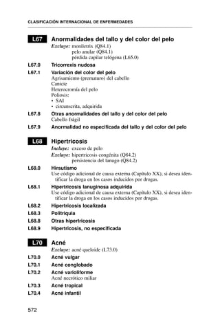 L67 Anormalidades del tallo y del color del pelo
Excluye: moniletrix (Q84.1)
pelo anular (Q84.1)
pérdida capilar telógena (L65.0)
L67.0 Tricorrexis nudosa
L67.1 Variación del color del pelo
Agrisamiento (prematuro) del cabello
Canicie
Heterocromía del pelo
Poliosis:
• SAI
• circunscrita, adquirida
L67.8 Otras anormalidades del tallo y del color del pelo
Cabello frágil
L67.9 Anormalidad no especificada del tallo y del color del pelo
L68 Hipertricosis
Incluye: exceso de pelo
Excluye: hipertricosis congénita (Q84.2)
persistencia del lanugo (Q84.2)
L68.0 Hirsutismo
Use código adicional de causa externa (Capítulo XX), si desea iden-
tificar la droga en los casos inducidos por drogas.
L68.1 Hipertricosis lanuginosa adquirida
Use código adicional de causa externa (Capítulo XX), si desea iden-
tificar la droga en los casos inducidos por drogas.
L68.2 Hipertricosis localizada
L68.3 Politriquia
L68.8 Otras hipertricosis
L68.9 Hipertricosis, no especificada
L70 Acné
Excluye: acné queloide (L73.0)
L70.0 Acné vulgar
L70.1 Acné conglobado
L70.2 Acné varioliforme
Acné necrótico miliar
L70.3 Acné tropical
L70.4 Acné infantil
CLASIFICACIÓN INTERNACIONAL DE ENFERMEDADES
572
 