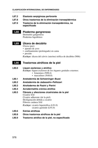 L87.2 Elastosis serpiginosa perforante
L87.8 Otros trastornos de la eliminación transepidérmica
L87.9 Trastorno de la eliminación transepidérmica, no
especificado
L88 Pioderma gangrenoso
Dermatitis gangrenosa
Pioderma fagedénico
L89 Úlcera de decúbito
Úlcera (por):
• aparato de yeso
• confinamiento (prolongado) en cama
• presión
Excluye: úlcera del cérvix (uterino) trófica de decúbito (N86)
L90 Trastornos atróficos de la piel
L90.0 Liquen escleroso y atrófico
Excluye: liquen escleroso de los órganos genitales externos:
• femeninos (N90.4)
• masculinos (N48.0)
L90.1 Anetodermia de Schweninger–Buzzi
L90.2 Anetodermia de Jadassohn–Pellizzari
L90.3 Atrofoderma de Pasini y Pierini
L90.4 Acrodermatitis crónica atrófica
L90.5 Fibrosis y afecciones cicatriciales de la piel
Cicatriz SAI
Cicatriz adherente (de la piel)
Desfiguración debida a cicatriz
Fibrosis cutánea SAI
Excluye: cicatriz hipertrófica (L91.0)
cicatriz queloide (L91.0)
L90.6 Estrías atróficas
L90.8 Otros trastornos atróficos de la piel
L90.9 Trastorno atrófico de la piel, no especificado
CLASIFICACIÓN INTERNACIONAL DE ENFERMEDADES
576
 