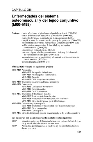 Excluye: ciertas afecciones originadas en el período perinatal (P00–P96)
ciertas enfermedades infecciosas y parasitarias (A00–B99)
ciertos trastornos de la articulación temporomaxilar (K07.6)
complicaciones del embarazo, del parto y del puerperio (O00–O99)
enfermedades endocrinas, nutricionales y metabólicas (E00–E90)
malformaciones congénitas, deformidades y anomalías
cromosómicas (Q00–Q99)
síndrome del compartimiento (T79.6)
síntomas, signos y hallazgos anormales clínicos y de laboratorio,
no clasificados en otra parte (R00–R99)
traumatismos, envenenamientos y algunas otras consecuencias de
causas externas (S00–T98)
tumores [neoplasias] (C00–D48)
Este capítulo contiene los siguientes grupos:
M00–M25 Artropatías
M00–M03 Artropatías infecciosas
M05–M14 Poliartropatías inflamatorias
M15–M19 Artrosis
M20–M25 Otros trastornos articulares
M30–M36 Trastornos sistémicos del tejido conjuntivo
M40–M54 Dorsopatías
M40–M43 Dorsopatías deformantes
M45–M49 Espondilopatías
M50–M54 Otras dorsopatías
M60–M79 Trastornos de los tejidos blandos
M60–M63 Trastornos de los músculos
M65–M68 Trastornos de los tendones y de la sinovia
M70–M79 Otros trastornos de los tejidos blandos
M80–M94 Osteopatías y condropatías
M80–M85 Trastornos de la densidad y de la estructura óseas
M86–M90 Otras osteopatías
M91–M94 Condropatías
M95–M99 Otros trastornos del sistema osteomuscular y del tejido conjuntivo
Las categorías con asterisco para este capítulo son las siguientes:
M01* Infecciones directas de las articulaciones en enfermedades infeccio-
sas y parasitarias clasificadas en otra parte
M03* Artropatías postinfecciosas y reactivas en enfermedades clasifica-
das en otra parte
581
CAPÍTULO XIII
Enfermedades del sistema
osteomuscular y del tejido conjuntivo
(M00–M99)
 