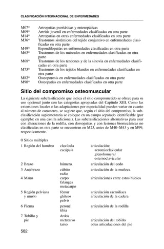 M07* Artropatías psoriásicas y enteropáticas
M09* Artritis juvenil en enfermedades clasificadas en otra parte
M14* Artropatías en otras enfermedades clasificadas en otra parte
M36* Trastornos sistémicos del tejido conjuntivo en enfermedades clasi-
ficadas en otra parte
M49* Espondilopatías en enfermedades clasificadas en otra parte
M63* Trastornos de los músculos en enfermedades clasificadas en otra
parte
M68* Trastornos de los tendones y de la sinovia en enfermedades clasifi-
cadas en otra parte
M73* Trastornos de los tejidos blandos en enfermedades clasificadas en
otra parte
M82* Osteoporosis en enfermedades clasificadas en otra parte
M90* Osteopatías en enfermedades clasificadas en otra parte
Sitio del compromiso osteomuscular
La siguiente subclasificación que indica el sitio comprometido se ofrece para su
uso opcional junto con las categorías apropiadas del Capítulo XIII. Como las
extensiones locales o las adaptaciones por especialidad pueden variar en cuanto
al número de caracteres, se sugiere que, según el sitio del compromiso, la sub-
clasificación suplementaria se coloque en un campo separado identificable (por
ejemplo: en una casilla adicional). Las subclasificaciones alternativas para usar
con alteraciones de la rodilla, con dorsopatías y con lesiones biomecánicas no
clasificadas en otra parte se encuentran en M23, antes de M40–M43 y en M99,
respectivamente.
0 Sitios múltiples
1 Región del hombro clavícula articulación:
escápula acromioclavicular
glenohumeral
esternoclavicular
2 Brazo húmero articulación del codo
3 Antebrazo cúbito articulación de la muñeca
radio
4 Mano carpo articulaciones entre estos huesos
falanges
metacarpo
5 Región pelviana fémur articulación sacroiliaca
y muslo glúteos articulación de la cadera
pelvis
6 Pierna peroné articulación de la rodilla
tibia
7 Tobillo y dedos
pie metatarso articulación del tobillo
tarso otras articulaciones del pie
CLASIFICACIÓN INTERNACIONAL DE ENFERMEDADES
582
 