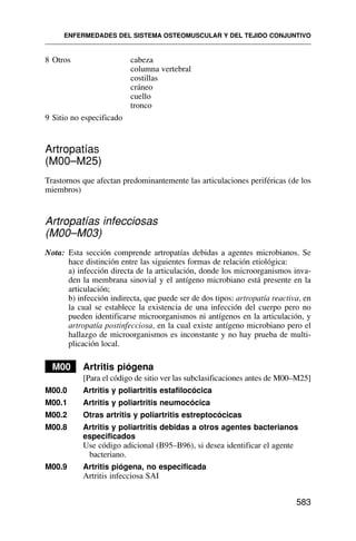 8 Otros cabeza
columna vertebral
costillas
cráneo
cuello
tronco
9 Sitio no especificado
Artropatías
(M00–M25)
Trastornos que afectan predominantemente las articulaciones periféricas (de los
miembros)
Artropatías infecciosas
(M00–M03)
Nota: Esta sección comprende artropatías debidas a agentes microbianos. Se
hace distinción entre las siguientes formas de relación etiológica:
a) infección directa de la articulación, donde los microorganismos inva-
den la membrana sinovial y el antígeno microbiano está presente en la
articulación;
b) infección indirecta, que puede ser de dos tipos: artropatía reactiva, en
la cual se establece la existencia de una infección del cuerpo pero no
pueden identificarse microorganismos ni antígenos en la articulación, y
artropatía postinfecciosa, en la cual existe antígeno microbiano pero el
hallazgo de microorganismos es inconstante y no hay prueba de multi-
plicación local.
M00 Artritis piógena
[Para el código de sitio ver las subclasificaciones antes de M00–M25]
M00.0 Artritis y poliartritis estafilocócica
M00.1 Artritis y poliartritis neumocócica
M00.2 Otras artritis y poliartritis estreptocócicas
M00.8 Artritis y poliartritis debidas a otros agentes bacterianos
especificados
Use código adicional (B95–B96), si desea identificar el agente
bacteriano.
M00.9 Artritis piógena, no especificada
Artritis infecciosa SAI
ENFERMEDADES DEL SISTEMA OSTEOMUSCULAR Y DEL TEJIDO CONJUNTIVO
583
 