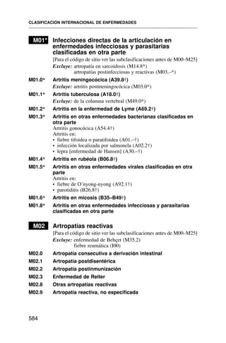 M01* Infecciones directas de la articulación en
enfermedades infecciosas y parasitarias
clasificadas en otra parte
[Para el código de sitio ver las subclasificaciones antes de M00–M25]
Excluye: artropatía en sarcoidosis (M14.8*)
artropatías postinfecciosas y reactivas (M03.–*)
M01.0* Artritis meningocócica (A39.8†)
Excluye: artritis postmeningocócica (M03.0*)
M01.1* Artritis tuberculosa (A18.0†)
Excluye: de la columna vertebral (M49.0*)
M01.2* Artritis en la enfermedad de Lyme (A69.2†)
M01.3* Artritis en otras enfermedades bacterianas clasificadas en
otra parte
Artritis gonocócica (A54.4†)
Artritis en:
• fiebre tifoidea o paratifoidea (A01.–†)
• infección localizada por salmonela (A02.2†)
• lepra [enfermedad de Hansen] (A30.–†)
M01.4* Artritis en rubéola (B06.8†)
M01.5* Artritis en otras enfermedades virales clasificadas en otra
parte
Artritis en:
• fiebre de O’nyong-nyong (A92.1†)
• parotiditis (B26.8†)
M01.6* Artritis en micosis (B35–B49†)
M01.8* Artritis en otras enfermedades infecciosas y parasitarias
clasificadas en otra parte
M02 Artropatías reactivas
[Para el código de sitio ver las subclasificaciones antes de M00–M25]
Excluye: enfermedad de Behçet (M35.2)
fiebre reumática (I00)
M02.0 Artropatía consecutiva a derivación intestinal
M02.1 Artropatía postdisentérica
M02.2 Artropatía postinmunización
M02.3 Enfermedad de Reiter
M02.8 Otras artropatías reactivas
M02.9 Artropatía reactiva, no especificada
CLASIFICACIÓN INTERNACIONAL DE ENFERMEDADES
584
 