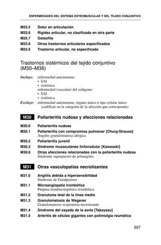 M25.5 Dolor en articulación
M25.6 Rigidez articular, no clasificada en otra parte
M25.7 Osteofito
M25.8 Otros trastornos articulares especificados
M25.9 Trastorno articular, no especificado
Trastornos sistémicos del tejido conjuntivo
(M30–M36)
Incluye: enfermedad autoinmune:
• SAI
• sistémica
enfermedad (vascular) del colágeno:
• SAI
• sistémica
Excluye: enfermedad autoinmune, órgano único o tipo celular único
(codificar en la categoría de la afección que corresponda)
M30 Poliarteritis nudosa y afecciones relacionadas
M30.0 Poliarteritis nudosa
M30.1 Poliarteritis con compromiso pulmonar [Churg-Strauss]
Angiítis granulomatosa alérgica
M30.2 Poliarteritis juvenil
M30.3 Síndrome mucocutáneo linfonodular [Kawasaki]
M30.8 Otras afecciones relacionadas con la poliarteritis nudosa
Síndrome superpuesto de poliangiítis
M31 Otras vasculopatías necrotizantes
M31.0 Angiítis debida a hipersensibilidad
Síndrome de Goodpasture
M31.1 Microangiopatía trombótica
Púrpura trombocitopénica trombótica
M31.2 Granuloma letal de la línea media
M31.3 Granulomatosis de Wegener
Granulomatosis respiratoria necrotizante
M31.4 Síndrome del cayado de la aorta [Takayasu]
M31.5 Arteritis de células gigantes con polimialgia reumática
ENFERMEDADES DEL SISTEMA OSTEOMUSCULAR Y DEL TEJIDO CONJUNTIVO
597
 