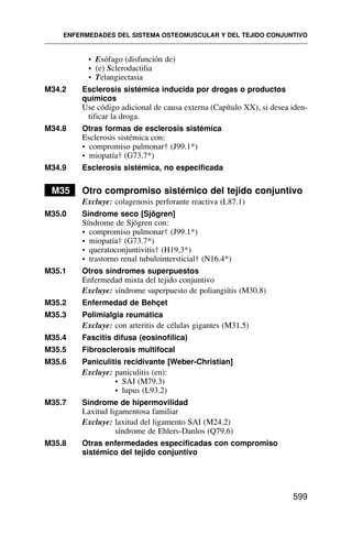 • Esófago (disfunción de)
• (e) Sclerodactilia
• Telangiectasia
M34.2 Esclerosis sistémica inducida por drogas o productos
químicos
Use código adicional de causa externa (Capítulo XX), si desea iden-
tificar la droga.
M34.8 Otras formas de esclerosis sistémica
Esclerosis sistémica con:
• compromiso pulmonar† (J99.1*)
• miopatía† (G73.7*)
M34.9 Esclerosis sistémica, no especificada
M35 Otro compromiso sistémico del tejido conjuntivo
Excluye: colagenosis perforante reactiva (L87.1)
M35.0 Síndrome seco [Sjögren]
Síndrome de Sjögren con:
• compromiso pulmonar† (J99.1*)
• miopatía† (G73.7*)
• queratoconjuntivitis† (H19.3*)
• trastorno renal tubulointersticial† (N16.4*)
M35.1 Otros síndromes superpuestos
Enfermedad mixta del tejido conjuntivo
Excluye: síndrome superpuesto de poliangiítis (M30.8)
M35.2 Enfermedad de Behçet
M35.3 Polimialgia reumática
Excluye: con arteritis de células gigantes (M31.5)
M35.4 Fascitis difusa (eosinofílica)
M35.5 Fibrosclerosis multifocal
M35.6 Paniculitis recidivante [Weber-Christian]
Excluye: paniculitis (en):
• SAI (M79.3)
• lupus (L93.2)
M35.7 Síndrome de hipermovilidad
Laxitud ligamentosa familiar
Excluye: laxitud del ligamento SAI (M24.2)
síndrome de Ehlers-Danlos (Q79.6)
M35.8 Otras enfermedades especificadas con compromiso
sistémico del tejido conjuntivo
ENFERMEDADES DEL SISTEMA OSTEOMUSCULAR Y DEL TEJIDO CONJUNTIVO
599
 