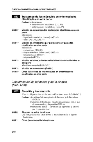 M63* Trastornos de los músculos en enfermedades
clasificadas en otra parte
Excluye: miopatías en:
• enfermedades endocrinas (G73.5*)
• enfermedades metabólicas (G73.6*)
M63.0* Miositis en enfermedades bacterianas clasificadas en otra
parte
Miositis en:
• lepra [enfermedad de Hansen] (A30.–†)
• sífilis (A51.4†, A52.7†)
M63.1* Miositis en infecciones por protozoarios y parásitos
clasificadas en otra parte
Miositis en:
• cisticercosis (B69.8†)
• esquistosomiasis [bilharziasis] (B65.–†)
• toxoplasmosis (B58.8†)
• triquinosis (B75†)
M63.2* Miositis en otras enfermedades infecciosas clasificadas en
otra parte
Miositis en micosis (B35–B49†)
M63.3* Miositis en sarcoidosis (D86.8†)
M63.8* Otros trastornos de los músculos en enfermedades
clasificadas en otra parte
Trastornos de los tendones y de la sinovia
(M65–M68)
M65 Sinovitis y tenosinovitis
[Para el código de sitio ver las subclasificaciones antes de M00–M25]
Excluye: sinovitis crónica crepitante de la mano y de la muñeca
(M70.0)
trastornos de los tejidos blandos relacionados con el uso,
el uso excesivo y la presión (M70.–)
traumatismo actual —ver lesión de ligamento y tendón
por región corporal
M65.0 Absceso de vaina tendinosa
Use código adicional (B95–B98), si desea identificar el agente
bacteriano.
M65.1 Otras (teno)sinovitis infecciosas
CLASIFICACIÓN INTERNACIONAL DE ENFERMEDADES
610
 