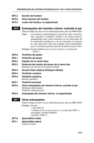 M75.5 Bursitis del hombro
M75.8 Otras lesiones del hombro
M75.9 Lesión del hombro, no especificada
M76 Entesopatías del miembro inferior, excluido el pie
[Para el código de sitio ver las subclasificaciones antes de M00–M25]
Nota: Los términos superficialmente específicos tales como bur-
sitis, capsulitis y tendinitis, tienden a ser usados indiscri-
minadamente para varios trastornos de las inserciones de
los ligamentos periféricos o de los músculos; la mayoría
de estas afecciones han sido reunidas como entesopatías,
que es el término genérico para las lesiones de estos sitios.
Excluye: bursitis debida al uso, al uso excesivo y a la presión
(M70.–)
M76.0 Tendinitis del glúteo
M76.1 Tendinitis del psoas
M76.2 Espolón de la cresta iliaca
M76.3 Síndrome del tendón del tensor de la fascia lata
Síndrome de fricción de la banda iliotibial
M76.4 Bursitis tibial colateral [Pellegrini-Stieda]
M76.5 Tendinitis rotuliana
M76.6 Tendinitis aquiliana
Bursitis aquiliana
M76.7 Tendinitis peroneal
M76.8 Otras entesopatías del miembro inferior, excluido el pie
Síndrome tibial anterior
Tendinitis tibial posterior
M76.9 Entesopatía del miembro inferior, no especificada
M77 Otras entesopatías
[Para el código de sitio ver las subclasificaciones antes de M00–M25]
Excluye: bursitis:
• SAI (M71.9)
• debida al uso, al uso excesivo y a la presión (M70.–)
entesopatía vertebral (M46.0)
osteofitos (M25.7)
M77.0 Epicondilitis media
M77.1 Epicondilitis lateral
Codo de tenista
ENFERMEDADES DEL SISTEMA OSTEOMUSCULAR Y DEL TEJIDO CONJUNTIVO
615
 