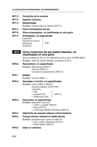 M77.2 Periartritis de la muñeca
M77.3 Espolón calcáneo
M77.4 Metatarsalgia
Excluye: metatarsalgia de Morton (G57.6)
M77.5 Otras entesopatías del pie
M77.8 Otras entesopatías, no clasificadas en otra parte
M77.9 Entesopatía, no especificada
Capsulitis
Espolón de huesos
SAI
Periartritis
Tendinitis
M79 Otros trastornos de los tejidos blandos, no
clasificados en otra parte
[Para el código de sitio ver las subclasificaciones antes de M00–M25]
Excluye: dolor de tejidos blandos, psicógeno (F45.4)
M79.0 Reumatismo, no especificado
Excluye: fibromialgia (M79.7)
fibrositis (M79.7)
reumatismo palindrómico (M12.3)
M79.1 Mialgia
Excluye: miositis (M60.–)
M79.2 Neuralgia y neuritis, no especificadas
Excluye: ciática (M54.3–M54.4)
mononeuropatías (G56–G58)
radiculitis:
• SAI
• braquial SAI (M54.1)
• lumbosacra SAI
M79.3 Paniculitis, no especificada
Excluye: paniculitis (de) (en):
• cuello y espalda (M54.0)
• lupus (L93.2)
• recidivante [Weber-Christian] (M35.6)
M79.4 Hipertrofia de paquete adiposo (infrarrotuliano)
M79.5 Cuerpo extraño residual en tejido blando
Excluye: granuloma por cuerpo extraño de:
• piel y tejido subcutáneo (L92.3)
• tejido blando (M60.2)
M79.6 Dolor en miembro
CLASIFICACIÓN INTERNACIONAL DE ENFERMEDADES
616
⎫
⎪
⎬
⎪
⎭
⎫
⎪
⎬
⎪
⎭
 