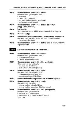 M91.0 Osteocondrosis juvenil de la pelvis
Osteocondrosis (juvenil) (del, de la):
• acetábulo
• cresta iliaca [Buchanan]
• sincondrosis isquiopúbica [van Neck]
• sínfisis del pubis [Pierson]
M91.1 Osteocondrosis juvenil de la cabeza del fémur
[Legg–Calvé–Perthes]
M91.2 Coxa plana
Deformidad de cadera debida a osteocondrosis juvenil previa
M91.3 Pseudocoxalgia
M91.8 Otras osteocondrosis juveniles de la cadera y de la pelvis
Osteocondrosis juvenil posterior a la reducción de luxación
congénita de la cadera
M91.9 Osteocondrosis juvenil de la cadera y de la pelvis, sin otra
especificación
M92 Otras osteocondrosis juveniles
M92.0 Osteocondrosis juvenil del húmero
Osteocondrosis (juvenil) (del, de la):
• cabeza humeral [Haas]
• cóndilo del húmero [Panner]
M92.1 Osteocondrosis juvenil del cúbito y del radio
Osteocondrosis (juvenil) de la:
• cabeza radial [Brailsford]
• parte inferior del cúbito [Burns]
M92.2 Osteocondrosis juvenil de la mano
Osteocondrosis (juvenil) (del, de la):
• cabeza metacarpiana [Mauclaire]
• seminular del carpo [Kienböck]
M92.3 Otras osteocondrosis juveniles del miembro superior
M92.4 Osteocondrosis juvenil de la rótula
Osteocondrosis (juvenil) :
• centrorrotuliana primaria [Köhler]
• centrorrotuliana secundaria [Sinding–Larsen]
M92.5 Osteocondrosis juvenil de la tibia y del peroné
Osteocondrosis (juvenil) de la:
• proximal de la tibia [Blount]
• tuberosidad de la tibia [Osgood–Schlatter]
Tibia vara
ENFERMEDADES DEL SISTEMA OSTEOMUSCULAR Y DEL TEJIDO CONJUNTIVO
623
 