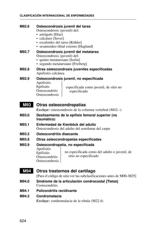 M92.6 Osteocondrosis juvenil del tarso
Osteocondrosis (juvenil) del:
• astrágalo [Díaz]
• calcáneo [Sever]
• escafoides del tarso [Köhler]
• sesamoideo tibial externo [Haglund]
M92.7 Osteocondrosis juvenil del metatarso
Osteocondrosis (juvenil) del:
• quinto metatarsiano [Iselin]
• segundo metatarsiano [Freiberg]
M92.8 Otras osteocondrosis juveniles especificadas
Apofisitis calcánea
M92.9 Osteocondrosis juvenil, no especificada
Apofisitis
Epifisitis
Osteocondritis
Osteocondrosis
M93 Otras osteocondropatías
Excluye: osteocondrosis de la columna vertebral (M42.–)
M93.0 Deslizamiento de la epífisis femoral superior (no
traumático)
M93.1 Enfermedad de Kienböck del adulto
Osteocondrosis del adulto del semilunar del carpo
M93.2 Osteocondritis disecante
M93.8 Otras osteocondropatías especificadas
M93.9 Osteocondropatía, no especificada
Apofisitis
Epifisitis
Osteocondritis
Osteocondrosis
M94 Otros trastornos del cartílago
[Para el código de sitio ver las subclasificaciones antes de M00–M25]
M94.0 Síndrome de la articulación condrocostal [Tietze]
Costocondritis
M94.1 Policondritis recidivante
M94.2 Condromalacia
Excluye: condromalacia de la rótula (M22.4)
CLASIFICACIÓN INTERNACIONAL DE ENFERMEDADES
624
⎫
⎪
⎬
⎪
⎭
especificada como juvenil, de sitio no
especificado
⎫
⎪
⎬
⎪
⎭
no especificada como del adulto o juvenil, de
sitio no especificado
 