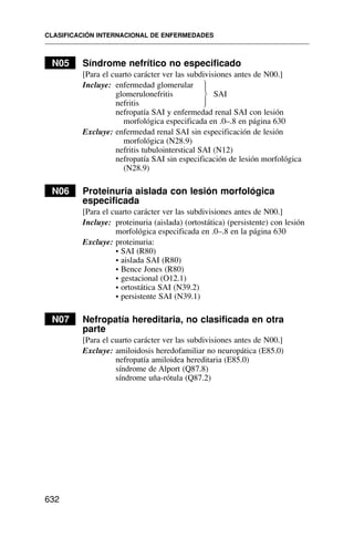 N05 Síndrome nefrítico no especificado
[Para el cuarto carácter ver las subdivisiones antes de N00.]
Incluye: enfermedad glomerular
glomerulonefritis SAI
nefritis
nefropatía SAI y enfermedad renal SAI con lesión
morfológica especificada en .0–.8 en página 630
Excluye: enfermedad renal SAI sin especificación de lesión
morfológica (N28.9)
nefritis tubulointerstical SAI (N12)
nefropatía SAI sin especificación de lesión morfológica
(N28.9)
N06 Proteinuria aislada con lesión morfológica
especificada
[Para el cuarto carácter ver las subdivisiones antes de N00.]
Incluye: proteinuria (aislada) (ortostática) (persistente) con lesión
morfológica especificada en .0–.8 en la página 630
Excluye: proteinuria:
• SAI (R80)
• aislada SAI (R80)
• Bence Jones (R80)
• gestacional (O12.1)
• ortostática SAI (N39.2)
• persistente SAI (N39.1)
N07 Nefropatía hereditaria, no clasificada en otra
parte
[Para el cuarto carácter ver las subdivisiones antes de N00.]
Excluye: amiloidosis heredofamiliar no neuropática (E85.0)
nefropatía amiloidea hereditaria (E85.0)
síndrome de Alport (Q87.8)
síndrome uña-rótula (Q87.2)
CLASIFICACIÓN INTERNACIONAL DE ENFERMEDADES
632
⎫
⎪
⎬
⎪
⎭
 