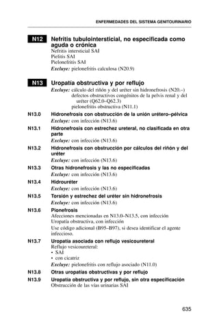 N12 Nefritis tubulointersticial, no especificada como
aguda o crónica
Nefritis intersticial SAI
Pielitis SAI
Pielonefritis SAI
Excluye: pielonefritis calculosa (N20.9)
N13 Uropatía obstructiva y por reflujo
Excluye: cálculo del riñón y del uréter sin hidronefrosis (N20.–)
defectos obstructivos congénitos de la pelvis renal y del
uréter (Q62.0–Q62.3)
pielonefritis obstructiva (N11.1)
N13.0 Hidronefrosis con obstrucción de la unión urétero–pélvica
Excluye: con infección (N13.6)
N13.1 Hidronefrosis con estrechez ureteral, no clasificada en otra
parte
Excluye: con infección (N13.6)
N13.2 Hidronefrosis con obstrucción por cálculos del riñón y del
uréter
Excluye: con infección (N13.6)
N13.3 Otras hidronefrosis y las no especificadas
Excluye: con infección (N13.6)
N13.4 Hidrouréter
Excluye: con infección (N13.6)
N13.5 Torsión y estrechez del uréter sin hidronefrosis
Excluye: con infección (N13.6)
N13.6 Pionefrosis
Afecciones mencionadas en N13.0–N13.5, con infección
Uropatía obstructiva, con infección
Use código adicional (B95–B97), si desea identificar el agente
infeccioso.
N13.7 Uropatía asociada con reflujo vesicoureteral
Reflujo vesicoureteral:
• SAI
• con cicatriz
Excluye: pielonefritis con reflujo asociado (N11.0)
N13.8 Otras uropatías obstructivas y por reflujo
N13.9 Uropatía obstructiva y por reflujo, sin otra especificación
Obstrucción de las vías urinarias SAI
ENFERMEDADES DEL SISTEMA GENITOURINARIO
635
 