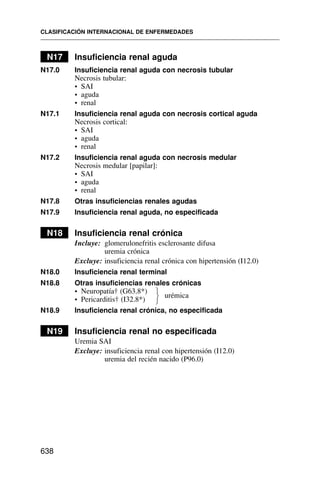 N17 Insuficiencia renal aguda
N17.0 Insuficiencia renal aguda con necrosis tubular
Necrosis tubular:
• SAI
• aguda
• renal
N17.1 Insuficiencia renal aguda con necrosis cortical aguda
Necrosis cortical:
• SAI
• aguda
• renal
N17.2 Insuficiencia renal aguda con necrosis medular
Necrosis medular [papilar]:
• SAI
• aguda
• renal
N17.8 Otras insuficiencias renales agudas
N17.9 Insuficiencia renal aguda, no especificada
N18 Insuficiencia renal crónica
Incluye: glomerulonefritis esclerosante difusa
uremia crónica
Excluye: insuficiencia renal crónica con hipertensión (I12.0)
N18.0 Insuficiencia renal terminal
N18.8 Otras insuficiencias renales crónicas
• Neuropatía† (G63.8*)
urémica
• Pericarditis† (I32.8*)
N18.9 Insuficiencia renal crónica, no especificada
N19 Insuficiencia renal no especificada
Uremia SAI
Excluye: insuficiencia renal con hipertensión (I12.0)
uremia del recién nacido (P96.0)
CLASIFICACIÓN INTERNACIONAL DE ENFERMEDADES
638
⎫
⎬
⎭
 