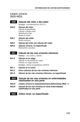 Litiasis urinaria
(N20–N23)
N20 Cálculo del riñón y del uréter
Excluye: con hidronefrosis (N13.2)
N20.0 Cálculo del riñón
Cálculo licopodiforme
Cálculo o piedra renal
Nefrolitiasis SAI
Piedra en riñón
N20.1 Cálculo del uréter
Piedra uretérica
N20.2 Cálculo del riñón con cálculo del uréter
N20.9 Cálculo urinario, no especificado
Pielonefritis calculosa
N21 Cálculo de las vías urinarias inferiores
Incluye: con cistitis y uretritis
N21.0 Cálculo en la vejiga
Cálculo en divertículo de vejiga
Cálculo en vejiga urinaria
Excluye: cálculo licopodiforme (N20.0)
N21.1 Cálculo en la uretra
N21.8 Otros cálculos de las vías urinarias inferiores
N21.9 Cálculo de las vías urinarias inferiores, no especificado
N22* Cálculo de las vías urinarias en enfermedades
clasificadas en otra parte
N22.0* Litiasis urinaria en esquistosomiasis [bilharziasis] (B65.–†)
N22.8* Cálculo de las vías urinarias en otras enfermedades
clasificadas en otra parte
N23 Cólico renal, no especificado
ENFERMEDADES DEL SISTEMA GENITOURINARIO
639
 