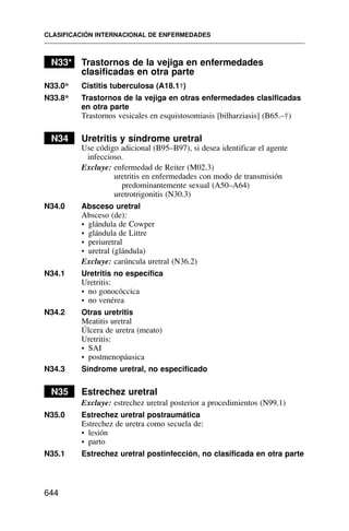 N33* Trastornos de la vejiga en enfermedades
clasificadas en otra parte
N33.0* Cistitis tuberculosa (A18.1†)
N33.8* Trastornos de la vejiga en otras enfermedades clasificadas
en otra parte
Trastornos vesicales en esquistosomiasis [bilharziasis] (B65.–†)
N34 Uretritis y síndrome uretral
Use código adicional (B95–B97), si desea identificar el agente
infeccioso.
Excluye: enfermedad de Reiter (M02.3)
uretritis en enfermedades con modo de transmisión
predominantemente sexual (A50–A64)
uretrotrigonitis (N30.3)
N34.0 Absceso uretral
Absceso (de):
• glándula de Cowper
• glándula de Littre
• periuretral
• uretral (glándula)
Excluye: carúncula uretral (N36.2)
N34.1 Uretritis no específica
Uretritis:
• no gonocóccica
• no venérea
N34.2 Otras uretritis
Meatitis uretral
Úlcera de uretra (meato)
Uretritis:
• SAI
• postmenopáusica
N34.3 Síndrome uretral, no especificado
N35 Estrechez uretral
Excluye: estrechez uretral posterior a procedimientos (N99.1)
N35.0 Estrechez uretral postraumática
Estrechez de uretra como secuela de:
• lesión
• parto
N35.1 Estrechez uretral postinfección, no clasificada en otra parte
CLASIFICACIÓN INTERNACIONAL DE ENFERMEDADES
644
 