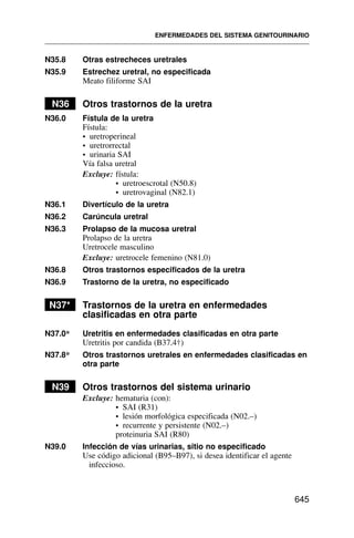 N35.8 Otras estrecheces uretrales
N35.9 Estrechez uretral, no especificada
Meato filiforme SAI
N36 Otros trastornos de la uretra
N36.0 Fístula de la uretra
Fístula:
• uretroperineal
• uretrorrectal
• urinaria SAI
Vía falsa uretral
Excluye: fístula:
• uretroescrotal (N50.8)
• uretrovaginal (N82.1)
N36.1 Divertículo de la uretra
N36.2 Carúncula uretral
N36.3 Prolapso de la mucosa uretral
Prolapso de la uretra
Uretrocele masculino
Excluye: uretrocele femenino (N81.0)
N36.8 Otros trastornos especificados de la uretra
N36.9 Trastorno de la uretra, no especificado
N37* Trastornos de la uretra en enfermedades
clasificadas en otra parte
N37.0* Uretritis en enfermedades clasificadas en otra parte
Uretritis por candida (B37.4†)
N37.8* Otros trastornos uretrales en enfermedades clasificadas en
otra parte
N39 Otros trastornos del sistema urinario
Excluye: hematuria (con):
• SAI (R31)
• lesión morfológica especificada (N02.–)
• recurrente y persistente (N02.–)
proteinuria SAI (R80)
N39.0 Infección de vías urinarias, sitio no especificado
Use código adicional (B95–B97), si desea identificar el agente
infeccioso.
ENFERMEDADES DEL SISTEMA GENITOURINARIO
645
 