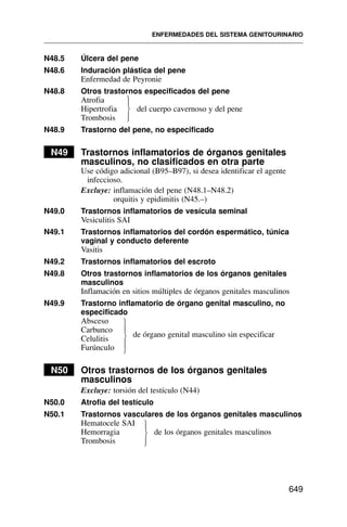 N48.5 Úlcera del pene
N48.6 Induración plástica del pene
Enfermedad de Peyronie
N48.8 Otros trastornos especificados del pene
Atrofia
Hipertrofia del cuerpo cavernoso y del pene
Trombosis
N48.9 Trastorno del pene, no especificado
N49 Trastornos inflamatorios de órganos genitales
masculinos, no clasificados en otra parte
Use código adicional (B95–B97), si desea identificar el agente
infeccioso.
Excluye: inflamación del pene (N48.1–N48.2)
orquitis y epidimitis (N45.–)
N49.0 Trastornos inflamatorios de vesícula seminal
Vesiculitis SAI
N49.1 Trastornos inflamatorios del cordón espermático, túnica
vaginal y conducto deferente
Vasitis
N49.2 Trastornos inflamatorios del escroto
N49.8 Otros trastornos inflamatorios de los órganos genitales
masculinos
Inflamación en sitios múltiples de órganos genitales masculinos
N49.9 Trastorno inflamatorio de órgano genital masculino, no
especificado
Absceso
Carbunco
de órgano genital masculino sin especificar
Celulitis
Furúnculo
N50 Otros trastornos de los órganos genitales
masculinos
Excluye: torsión del testículo (N44)
N50.0 Atrofia del testículo
N50.1 Trastornos vasculares de los órganos genitales masculinos
Hematocele SAI
Hemorragia de los órganos genitales masculinos
Trombosis
ENFERMEDADES DEL SISTEMA GENITOURINARIO
649
⎫
⎪
⎬
⎪
⎭
⎫
⎪
⎬
⎪
⎭
⎫
⎪
⎬
⎪
⎭
 