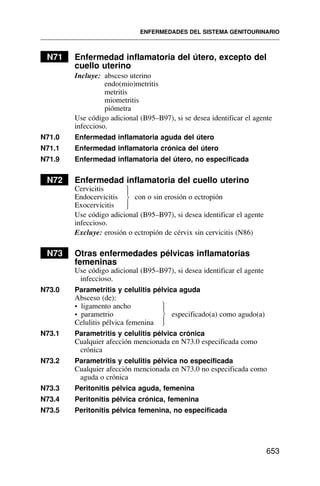 N71 Enfermedad inflamatoria del útero, excepto del
cuello uterino
Incluye: absceso uterino
endo(mio)metritis
metritis
miometritis
piómetra
Use código adicional (B95–B97), si se desea identificar el agente
infeccioso.
N71.0 Enfermedad inflamatoria aguda del útero
N71.1 Enfermedad inflamatoria crónica del útero
N71.9 Enfermedad inflamatoria del útero, no especificada
N72 Enfermedad inflamatoria del cuello uterino
Cervicitis
Endocervicitis con o sin erosión o ectropión
Exocervicitis
Use código adicional (B95–B97), si desea identificar el agente
infeccioso.
Excluye: erosión o ectropión de cérvix sin cervicitis (N86)
N73 Otras enfermedades pélvicas inflamatorias
femeninas
Use código adicional (B95–B97), si desea identificar el agente
infeccioso.
N73.0 Parametritis y celulitis pélvica aguda
Absceso (de):
• ligamento ancho
• parametrio especificado(a) como agudo(a)
Celulitis pélvica femenina
N73.1 Parametritis y celulitis pélvica crónica
Cualquier afección mencionada en N73.0 especificada como
crónica
N73.2 Parametritis y celulitis pélvica no especificada
Cualquier afección mencionada en N73.0 no especificada como
aguda o crónica
N73.3 Peritonitis pélvica aguda, femenina
N73.4 Peritonitis pélvica crónica, femenina
N73.5 Peritonitis pélvica femenina, no especificada
ENFERMEDADES DEL SISTEMA GENITOURINARIO
653
⎫
⎪
⎬
⎪
⎭
⎫
⎪
⎬
⎪
⎭
 
